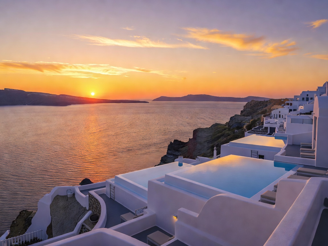Canaves Oia Epitome sunset view over Aegean Sea in Santorini Greece