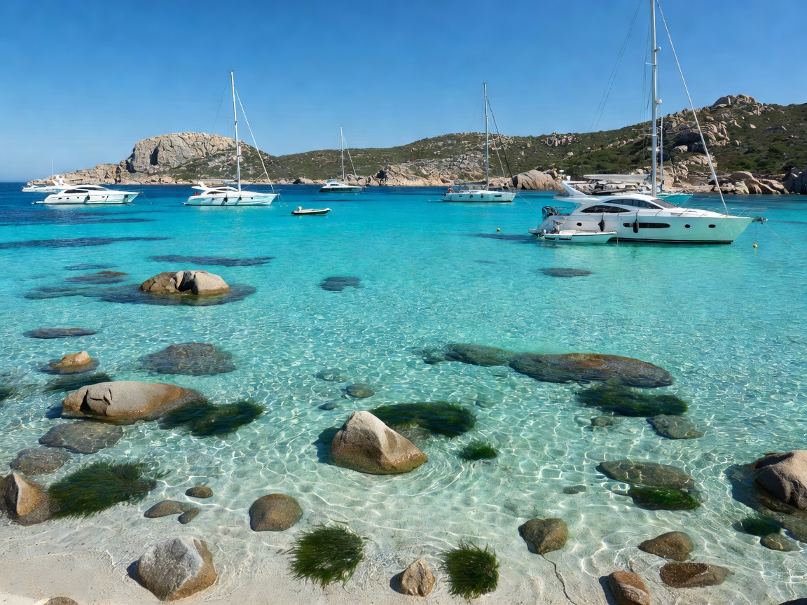 Sardinian coast clear waters and yachts in Maddalena Archipelago